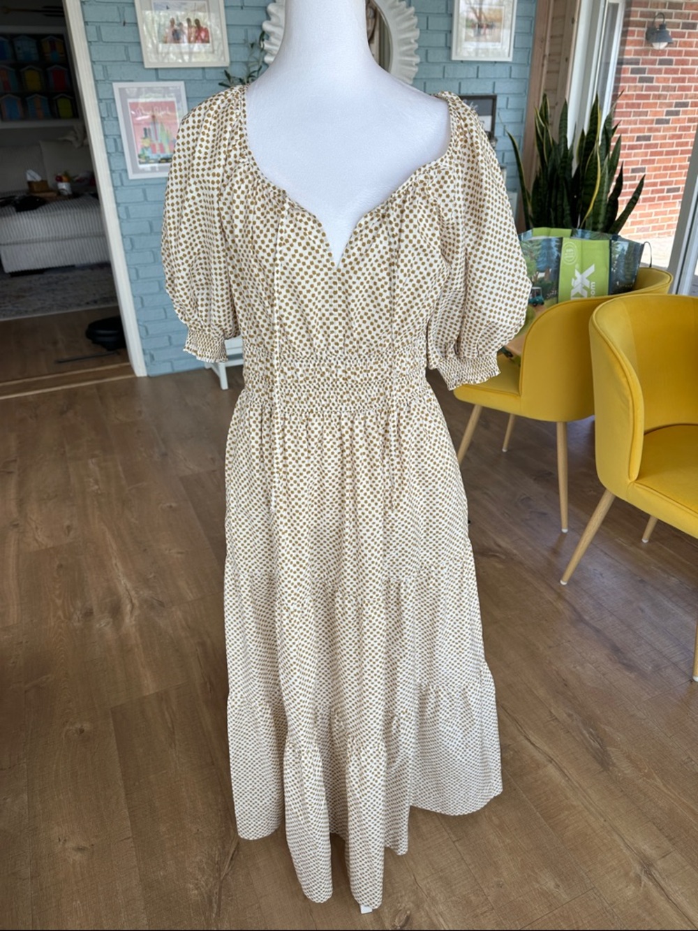 Anthropologie Somerset Cream Dot Maxi Dress with Puff Sleeves